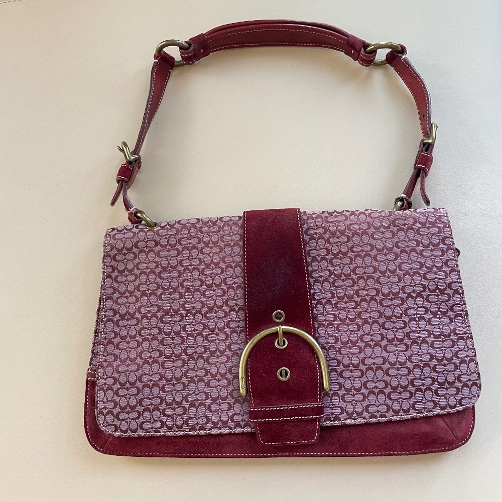 Coach 90’s velvet canvas monogram burgundy shoulder bag